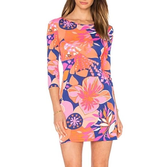 TRINA TRINA TURK Ocean Floral Matte Jersey Tie Back Dress Orange Pink Mini Party - Picture 3 of 14